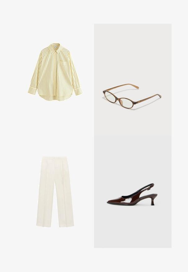 Keltainen raidallinen pitkähiha shirts, jossa on klassinen kauluskanta, etunapit, tasku ja pyöristetty helma. Sisältää tummansinisiä pystysuoria raitoja.; Valkoiset leveälahkeiset housut vaaleassa kermassa. Valmistettu sileästä kankaasta, jossa on laskokset edessä ja sivutaskut.; Ruske patentin nahkalijatke sa špicastim nosom i umjerenom petom. Sadrže remen s kopčom za sigurno pristajanje. Glatka tekstura.; Ruskeat kilpikonnaruutulasiset silmälasit, joissa ovaalit linssit, ohuet varret ja läpinäkyvät yksityiskohdat. Temppeleissä on huomaamaton logo. Suunnittelultaan suora ja kevyt.