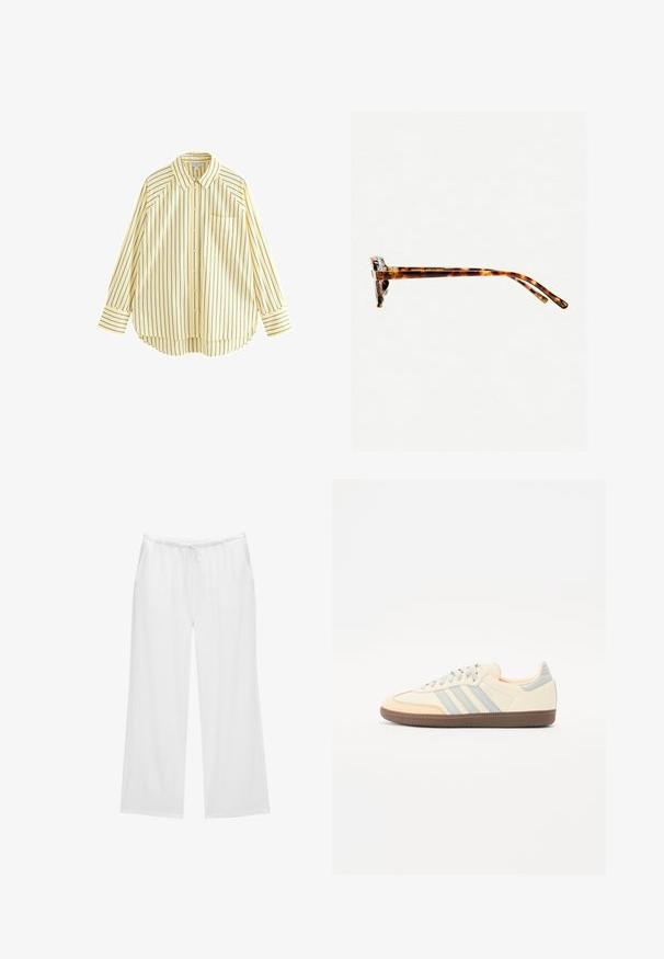 Keltainen raidallinen pitkähiha shirts, jossa on klassinen kauluskanta, etunapit, tasku ja pyöristetty helma. Sisältää tummansinisiä pystysuoria raitoja.; Valkoiset leveät housut, jotka on valmistettu pehmeästä kankaasta. Niissä on joustava vyötärö, jossa on naru, sekä kaksi sivutaskua. Yksinkertainen ja raikas muotoilu.; Tennarit, joissa on kerma-nahkainen päällinen, vaalean siniset raidat ja persikan väriset yksityiskohdat. Varustettu teksturoidulla ruskealla kumipohjalla ja minimalistisella muotoilulla.; Kivimäisd värvi päikeseprillid paksu raamiga, kergelt kõverate templitega ja siledast tekstuurist. Omab klassikalist disaini läikiva viimistlusega.