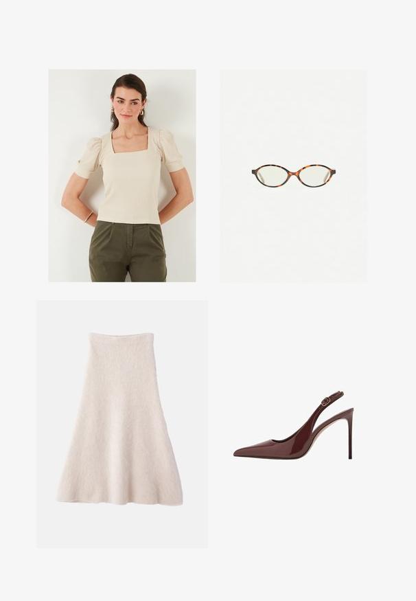 Beige toppi neliönmallisella kaula-aukolla, jossa on puffihihat ja ribattu rakenne. Yhdistettyinä oliivinvihreisiin housuihin, mallilla on päällään kultaiset renkaat.; Hame beige vaaleanruskea, A-linjainen, pehmeästä, teksturoidusta kankaasta, jossa on sileä vyötärö ja virtaava siluetti.; Tummanruskea patentoitu nahka, teräväkärkinen slingback-korkokenkä, jossa on säädettävä solki ja kapea stiletto-korko.; Kilpikonnakuosiset silmälasit, joissa on soikeat linssit ja tyylikäs, sileä pinta. Ominaisuudet: ohuet sivut, joissa on hienovarainen kaari temppeleissä. Kirkkaat linssit.
