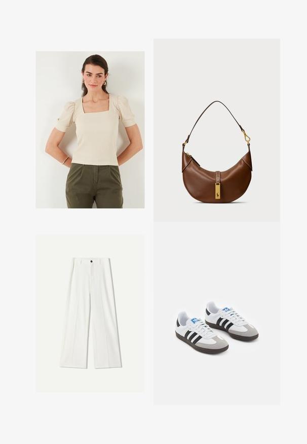 Beige top met vierkante halslijn en pofmouwen, ribbelstructuur. Gecombineerd met olijfgroene broek, model draagt gouden creolen.; Witte wijde pantalon van soepel materiaal, met een sluiting aan de voorkant met een knoop en geplooide details. Plat voorkant ontwerp, zonder zichtbare zakken.; Sportschoenen met een witte leren bovenkant, grijze suède neus en drie zwarte strepen. Bevat een blauw logo op de tong en een gestructureerde rubberen zool.; Bruine leren schoudertas met een gebogen vorm, gouden hardware, bovenklepdetail en een logoaccent. Gladde textuur met gestikte randen.