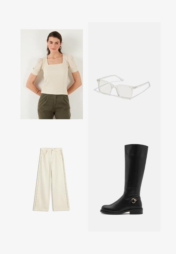 Beżowa bluzka z kwadratowym dekoltem i bufkami, o prążkowanej fakturze. W połączeniu z oliwkowymi spodniami, modelka nosi złote kolczyki w kształcie kół.; Jasno kremowe dżinsy o szerokich nogawkach z metalowymi wstawkami wzdłuż zewnętrznych szwów, pięcioma kieszeniami oraz standardowym zapięciem na guzik.; Anna Field Wide Fit - Kozaki; Przezroczyste, kwadratowe okulary z plastiku z półprzezroczystymi soczewkami, z złotymi akcentami na zausznikach dla dodatkowego wykończenia.; Brązowy futrzany szalik noszony na kremowym swetrze. Szalik ma miękką fakturę oraz grubą, puszystą formę, elegancko opadając.; Kremowa, miękka torba z sztucznej skóry o marszczonym wzorze, z regulowanym paskiem i subtelnym zapięciem na sznurek. Gładka faktura i zaokrąglony kształt.