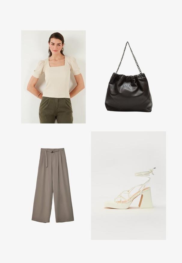 Beige Top mit Quadrat-Ausschnitt und Puffärmeln, gerippte Textur. Kombiniert mit olivgrünen Hosen, das Model trägt goldene Creolen.; Weite Hose aus einem weichen, gedämpften grauen Stoff, mit einem taillierten Bund und Falten für zusätzliche Design-Details. Glatte Textur, keine Muster.; Weiße High-Heel-Sandale mit einem klobigen Absatz, die über ein Riemchendesign und ein Knöchelband verfügt. Glatte Textur mit einer Plattform vorne für zusätzliche Höhe.; Braune Lederhandtasche mit gerafftem Oberteil und Kettenriemen. Glatte Textur mit glänzendem Finish und subtilen Nahtdetails an den Seiten.