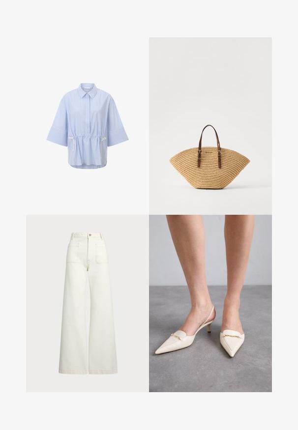 Brīvkuma blūze gaiši zilā un baltā krāsā, ar apkakli, īsām platākām piedurknēm un regulējamu saiti jostasvietā. Viegls audums.; Platās kājas džinsi off-white denima. Augsta jostasvieta ar pogu aizdari, divas priekšējās kabatas un kontrastējošas šuvju detaļas.; Kremkrāsas, norādīta pirksta slinga papēži ar smalku vidējo papēdi, kas rotāti ar zelta ķēdes akcentu uz virsmas un gludu ādas tekstūru.; Salmu soma ar ventilatora formu, brūni ādas rokturi un teksturētu austu virsmu. Dabiska brūna krāsa ar gludu virsmu un minimālas akcentu detaļas.