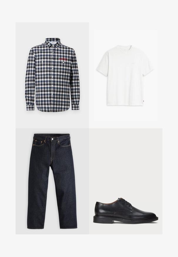 Pánská košile na knoflíky v námořnické a bílé kostkované vzoru, se dvěma náprsními kapsami, klasickým límečkem a červeným vyšitím.; Bílé bavlněné tričko s krátkými rukávy, kulatým výstřihem a jemným logem "Levi's" tištěným světle barvou na přední straně.; Tmavomodré džíny z denimu se straight střihem, pěti kapsami, kontrastním oranžovým šitím a knoflíkovým zapínáním. Žádné viditelné vzory ani ozdoby.; Černé kožené společenské boty s kulatou špičkou, šněrováním a nízkým podpatkem. Hladký povrch s minimálním šitím.