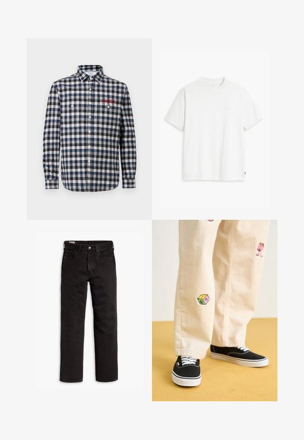 Meeste nööbiga särk tumesinine-valge ruuduline mustriga, millel on kaks rinnakotti, tavaline krae ja punane tikand.; Valge puuvillane t-särk lühikeste varrukatega, ümmargune kaelus ja peene Levi'si logo trükituna keskel. Pehme tekstuur ja standardne istuvus.; Mustad sirgedega teksapüksid viie taskuga, nööpidega kinnitamine ja vöökohaga, lamab tasasele valgele taustale.; Bežistestased püksid, millel on mängulised tikandid, sealhulgas roosa tegelane ja värvikad plokid, koos mustade nöörkingadega.