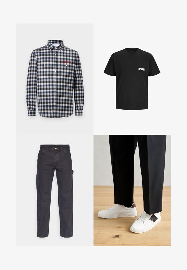 Heren overhemd met knopen in een marineblauwe en witte ruitpatroon, voorzien van twee borstzakken, een normale kraag en rode borduursels.; Zwarte katoenen T-shirt met korte mouwen, ronde hals en een witte logo-opdruk aan de linkerkant van de borst. Gladde textuur, klassieke pasvorm.; Donkergrijze cargobroek van duurzaam materiaal, met een rechte pijp, vijf zakken en een knoopsluiting in de taille.; Witte sneakers met een gladde textuur, voorzien van bruine lederen accenten en zwarte details, gecombineerd met zwarte maatpakken. Achtergrond van houten vloeren.