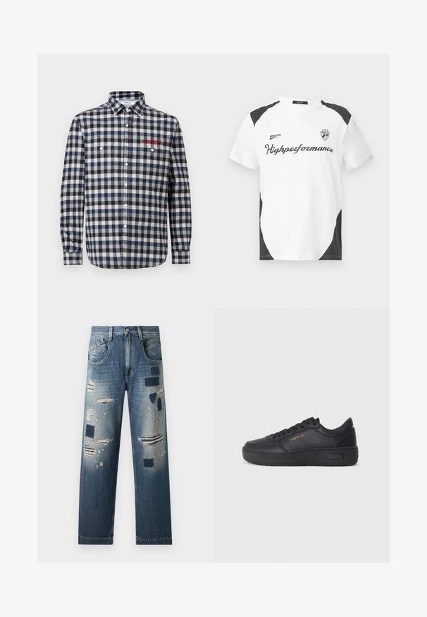 Meeste nööbiga särk tumesinine-valge ruuduline mustriga, millel on kaks rinnakotti, tavaline krae ja punane tikand.; Valge lühikeste varrukatega t-särk mustade aktsentidega. Omab "REPLAY FC" logo ja "Highperformance" teksti sportlikus kirjas. Valmistatud siledast materjalist.; Teksased, millel on kulunud plaastrid ja erinevad sinise tooni variatsioonid, sirge sääre lõike ja traditsioonilise viie tasku kujundusega.; Replay EPIC HIGH - Tossud - black