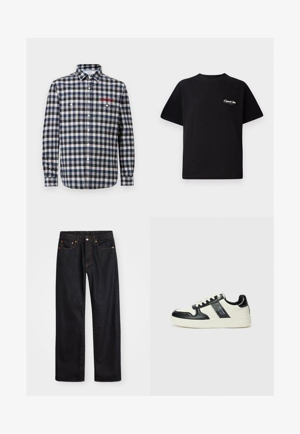 Vyriška marškiniai su mygtukais, mėlynos ir baltos languotos spalvos, su dviem krūtinės kišenėmis, įprastu apykaklės dizainu ir raudonais siuvinėjimo akcentais.; Juodas medvilninis marškinėliai su apvalia kaklo linija, trumpomis rankovėmis ir mažais baltais logotipo raštais kairiajame krūtinės šone. Paprastas dizainas, klasikinio kirpimo.; Vyrų tiesaus kirpimo juodi džinsai iš denim medžiagos, su penkiomis kišenėmis ir oranžinėmis siūlėmis, su mygtuko ir užtrauktuko uždarymu ant priekio.; Odiniai sportbačiai juodos ir kreminės spalvų schemoje, su perforuotais akcentais, paminkštinta apykakle ir tekstūruotu padu.