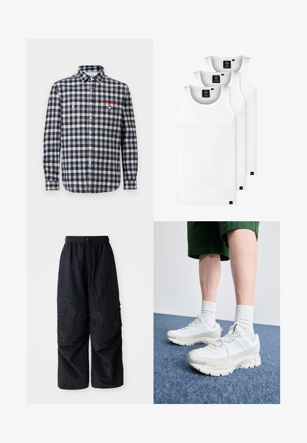 Vyriška marškiniai su mygtukais, mėlynos ir baltos languotos spalvos, su dviem krūtinės kišenėmis, įprastu apykaklės dizainu ir raudonais siuvinėjimo akcentais.; Trys balti, dryžuoti marškiniai be rankovių, pagaminti iš medvilnės. Yra apvalus kaklas ir maži juodi etiketės netoli siūlės. Siūlomi įvairių dydžių.; Juodos lengvos nailono cargo kelnės su elastingu juosmeniu, reguliuojamu raišteliu ir daugybe sluoksniuotų kišenių ant kojų.; Baltos sportinės bateliai su tekstūruotais uždengimais, masyviu padu ir pilkais akcentais. Dėvimi su baltais trumpais kojiniais ir žaliais šortais mėlyname paviršiuje.