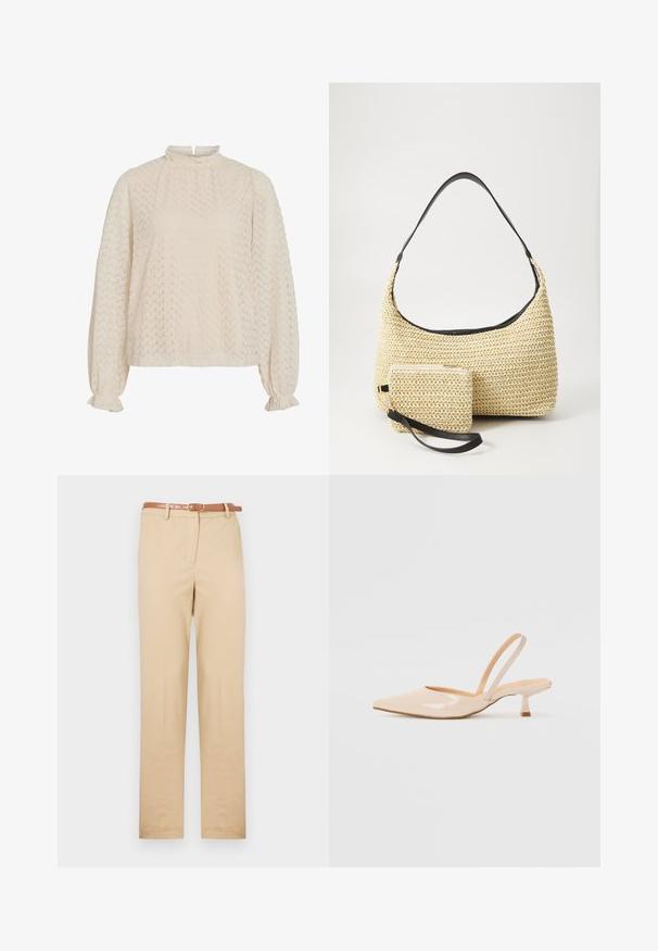 Cream-colored blouse with a high neck, textured zigzag pattern, and balloon sleeves featuring gathered cuffs.; Beige chinos made of lightweight fabric, featuring a straight cut, side pockets, and a brown leather belt with a rectangular buckle.; Beige patent leather slingback heels with pointed toe and a slim, square heel. Smooth texture and minimalist design with no embellishments.; Woven straw handbag with a curved silhouette, featuring a smooth black leather strap and a matching small pouch attached by a wrist strap.