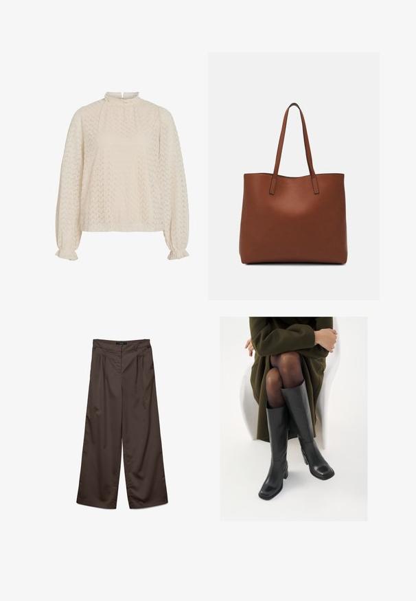 Cremefarvet bluse med høj fra, struktureret zigzag-mønster og ballonærmer med samlede manchetter.; Breddebenede bukser i mørkebrunt stof med en glat overflade. Funktioner inkluderer folder fortil og en standard talje.; Knæhøje sorte læder støvler med firkantet tå og blokhæl, vist med en model siddende i en olivengrøn frakke. Glat tekstur, minimal detaljer.; Brun læder tote taske med en glat overflade, åben topdesign og to skulderremme. Har minimal syning og ingen synlig hardware.