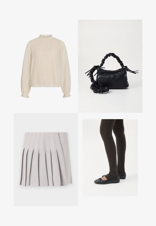 Blusa creme com gola alta, padrão em zig-zag texturizado e mangas balão com punhos franzidos.; Saia cinza plissada com uma textura suave, apresentando múltiplos pregas verticais e uma cintura ajustada. Feita de tecido leve.; Sapatos planos pretos com um pequeno laço na ponta, emparelhados com meias-calças caneladas castanhas escuras. Os sapatos têm uma textura suave e um design discretamente baixo.; Bolsa de mão em couro sintético preto com textura de crocodilo, topo franzido e alça enrugada. Apresenta um design suave e compacto.