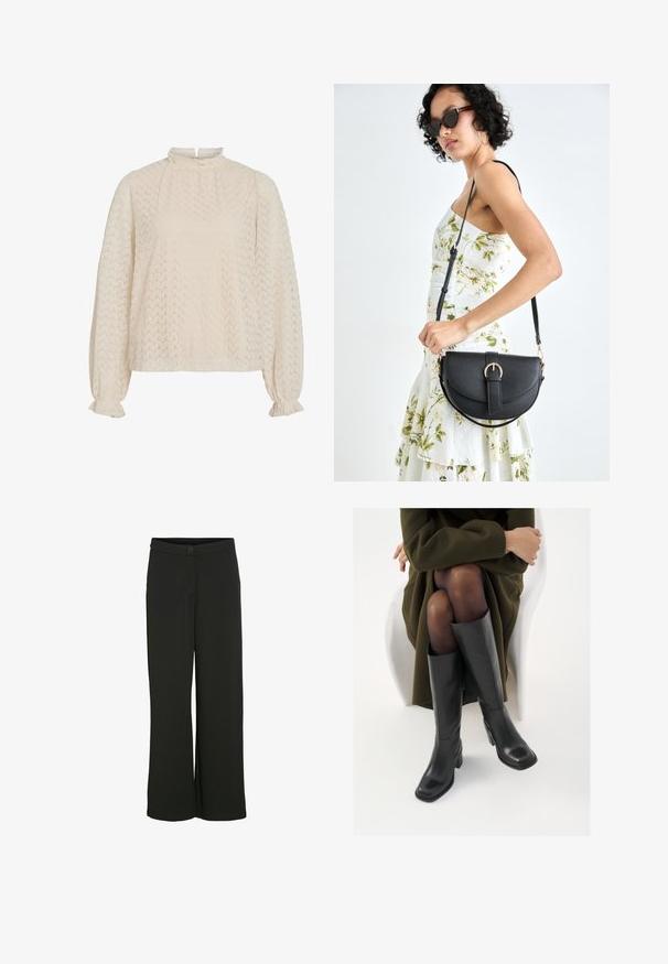 Blusa color crema con cuello alto, patrón texturizado de zigzag y mangas tipo globo con puños fruncidos.; Pantalones negros de pierna ancha en una tela suave. Presenta un cierre de botón en la parte frontal y dos bolsillos laterales. Corte recto sin adornos.; Botas de cuero negro hasta la rodilla con puntera cuadrada y tacón de bloque, presentadas con un modelo sentado en un abrigo verde oliva. Textura suave, mínimo detalle.; Bolso de piel negra con forma curva, correa desmontable y herrajes dorados. El bolso cuenta con una solapa con un detalle de hebilla.