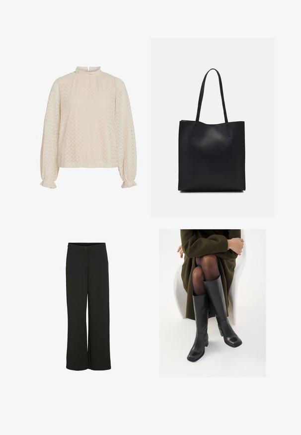 Cream-colored blouse with a high neck, textured zigzag pattern, and balloon sleeves featuring gathered cuffs.; Wide-leg black trousers in a smooth fabric. Features a front button closure and two side pockets. Straight cut with no embellishments.; Knee-high black leather boots with a squared toe and block heel, shown with a model seated in an olive green coat. Smooth texture, minimal detailing.; Black leather tote bag with smooth texture, rectangular shape, and two long handles. No visible hardware or embellishments.