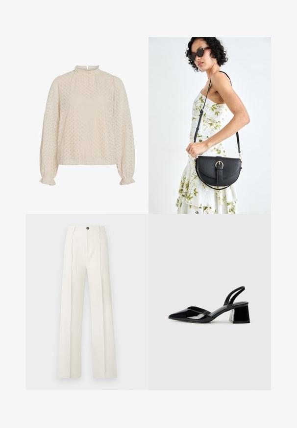 Krema barve bluzica z visokim ovratnikom, z gladkim cik-cak vzorcem in balonastimi rokavi, ki imajo zborane manšete.; Bela široka hlače z visokim pasom, ki imajo dva sprednja pregiba, en gumb za zapiranje in žepe. Gladka tekstura tkanine.; Črne lakirane slingback pete s koničastim nosom in geometrijsko blokasto peto. Imajo eleganten, minimalističen dizajn in gladko teksturo.; Črna usnjena torbica s ukrivljeno obliko, z odstranljivo naramnico in zlatimi dodatki. Torbica ima pokrov s podrobnostmi v obliki zaponke.