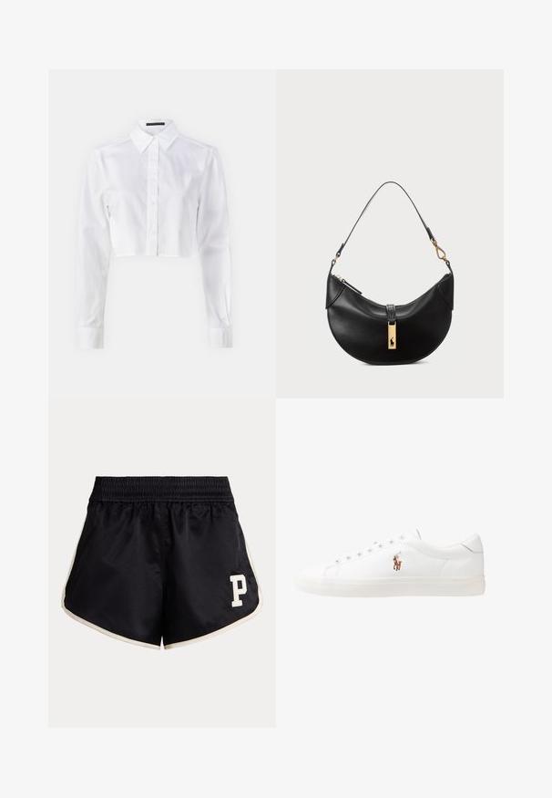 DRYKORN HALIDA - Hemdbluse - white; Schwarze Sportshorts mit einem gerafften Bund, beigen Seitenstreifen und einem cremefarbenen Buchstaben "P"-Logo auf dem linken Oberschenkel.; Weiße Leder-Sneaker, niedrig geschnitten, mit glatter Textur, runder Zehenpartie, Schnür vorne und kleinem gesticktem Logo an der Seite.; Schwarze Lederhandtasche in Halbmondform. Verfügt über eine goldene Hardware-Akzentuierung und einen schmalen Tragegurt. Sanfte Textur, Reißverschlussverschluss an der Oberseite.
