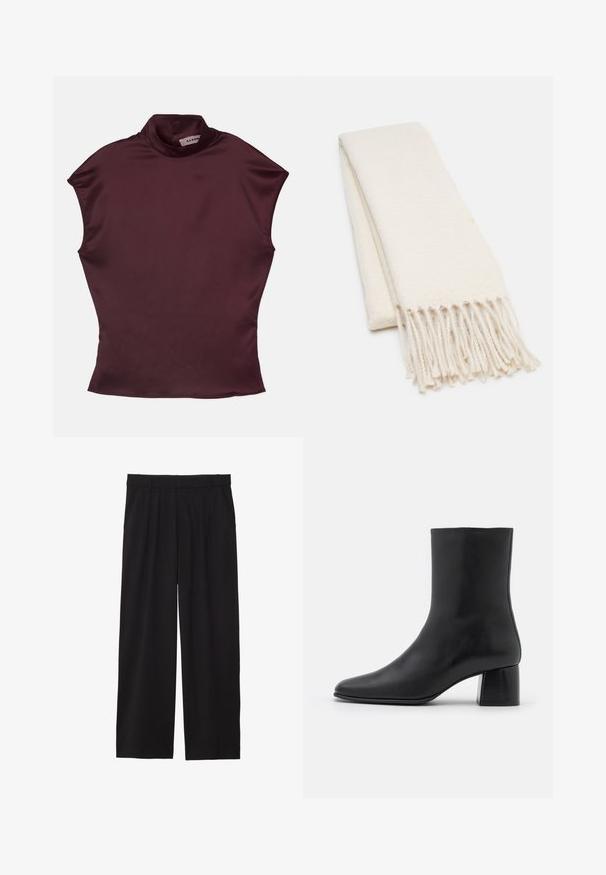 Burguņamarķēta īsām piedurknēm top ar simulētu augstu apkakli, kas izgatavots no gludas satīna auduma, ar pieguļošu dizainu un tīrām, minimālistiskām šuvēm.; Melni platbagāžnieki ar plecu priekšpusi, sānu kabatām un gludu auduma tekstūru. Izstrādāti brīvai piegulšanai.; Melnas ādas potīšu zābaki ar norādītu pirkstu un masīvu kvadrātveida papēdi. Gluda tekstūra ar bezšuvju dizainu un minimālistisku šuvēm.; Balts šalle ar teksturētu rakstu, ar frizētām malām. Materiāls izskatās mīksts un viegls, salocīta kārtīgi izvietošanai.; Melna auduma soma ar teksturētu virsmu, aprīkota ar divām garām rokturēm un vienkāršu, minimālistisku dizainu без redzama piederuma.