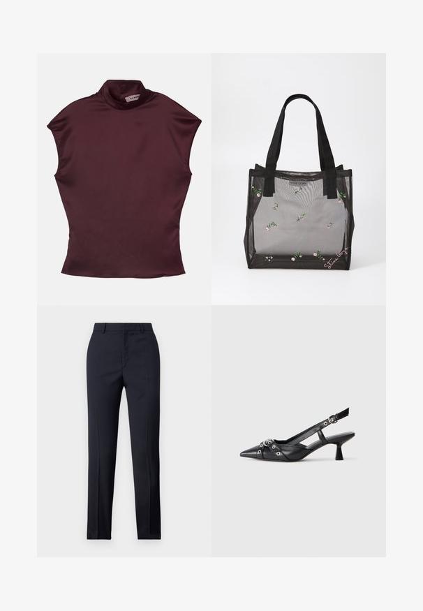 Burgundi rövid ujjú, félgalléros felső sima selyemanyagból, testhezálló szabással és letisztult, minimalista varratokkal.; Tengerészkék, egyenes szabású, szabott nadrág sima textúrával, két elülső zsebbel és letisztult derékkal.; Fekete bőr slingback cipő hegyes orral, dekoratív pántokkal, fém szemekkel és alacsony blokk sarkú. Texturált felület.; Fekete hálós bevásárlótáska hímzett virágmintákkal, masszív fekete fogantyúkkal és logótáblával az elején. Átlátszó anyag.