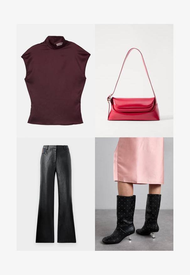 Burgundi rövid ujjú, félgalléros felső sima selyemanyagból, testhezálló szabással és letisztult, minimalista varratokkal.; Fekete bőrnadrág, amely enyhén bővül a nadrág szárán, sima textúrával rendelkezik, és két elülső zsebe van, fekete és barna kiemelésekkel a deréknál.; Fekete, térdig érő csizmák sima anyagból, finom szegecses mintával és ezüstszínű sarokkal. Rózsaszín selyem ruhával párosítva.; Piros bőr kézitáska strukturált formával, sima felülettel és egyetlen állítható pánttal. Lekerekített fedélzár funkcióval rendelkezik.