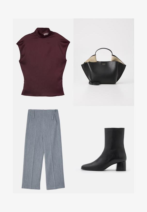 Burgundowa bluzka z krótkim rękawem i stójką o gładkiej satynowej fakturze, charakteryzująca się dopasowanym krojem i minimalistycznymi szwami.; Jasnoszare spodnie o szerokich nogawkach wykonane z teksturowanej tkaniny, z dwoma plisami z przodu i dwoma kieszeniami po bokach. Czysty, dopasowany krój.; Czarne skórzane botki za kostkę z ostrym noskiem i masywnym kwadratowym obcasem. Gładka faktura z bezszwowym designem i minimalnym przeszyciem.; Ree Projects - Torebka