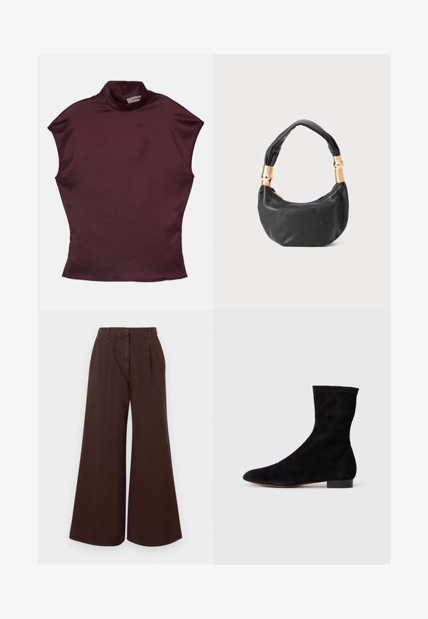 Burgundowa bluzka z krótkim rękawem i stójką o gładkiej satynowej fakturze, charakteryzująca się dopasowanym krojem i minimalistycznymi szwami.; Brązowe spodnie z wysokim stanem i szerokimi nogawkami, z zapięciem na guzik i zamek błyskawiczny, szlufkami na pasek oraz plisami z przodu.; Czarne zamszowe botki za kostkę z dopasowaną cholewką, spiczastym noskiem i niskim blokowym obcasem. Gładka faktura i minimalistyczny design, odpowiednie do wszechstronnych stylizacji.; Czarna skórzana torebka o okrągłym kształcie, miękkiej fakturze i wiązanym uchwycie z akcentami w złotym odcieniu. Zamek błyskawiczny.