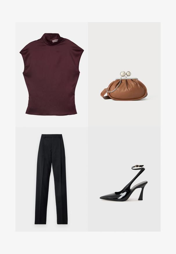 Burgundy kortärmad mockturtleneck-topp i slät satinkvalitet, med en åtsittande design och rena, minimalistiska sömmar.; Svarta byxor i mjukt tyg med hög midja, vida ben, framfickor och klassiska bältesöglor. Inga sidofickor synliga.; Svart patentläder slingback högklackade skor med spetsig tå, justerbar ankelsnodd och en måttlig blockklack. Slät yta med glansig finish.; Brun läderhandväska med silverkulklämma och en liten silversked på vit bakgrund.