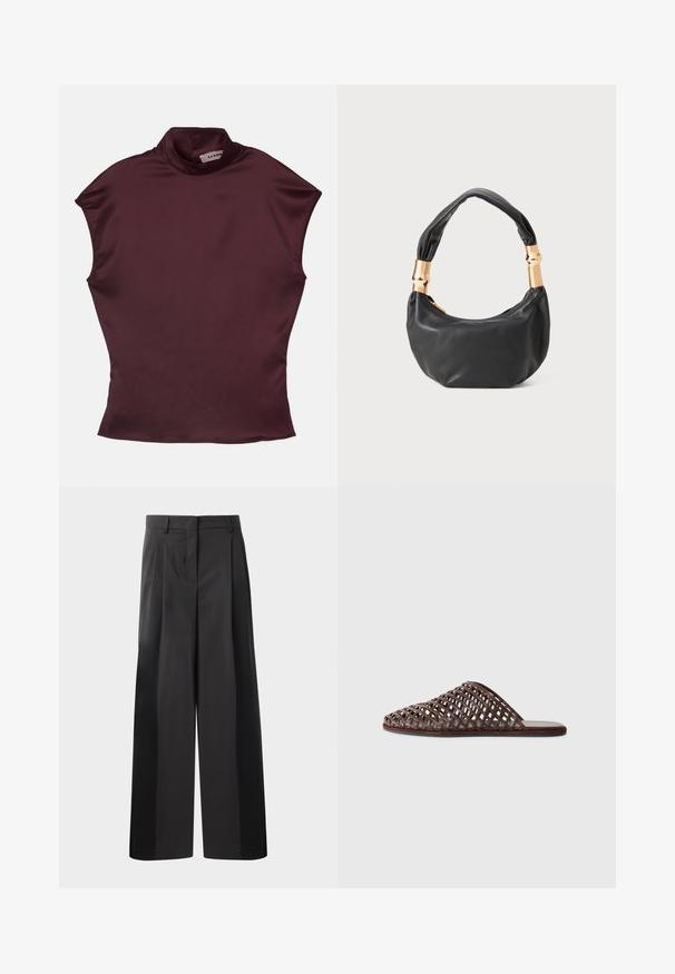 Burgundy lyhytsleeve mocki-poltinpaito, joka on valmistettu sileästä satiinikankaasta ja jossa on tiukka muotoilu sekä siistit, minimaliset saumat.; Mustat, leveälahkeiset housut korkealla vyötäröllä, etupleiteillä, sileällä pinnalla ja huolitellulla viimeistelyllä. Suunniteltu rentoon istuvuuteen.; Ruske kudrane natikače s zaobljenim nosom, odprtim dizajnom, ravnim podplatom in teksturirano površino. Lahek material in minimalistična silhueta.; Musta nahkalaukku pyöreällä muodolla, pehmeällä pinnalla ja solmulla varustetulla kahvalla, jossa on kultasävyiset yksityiskohdat. Vetoketjusuljenta.