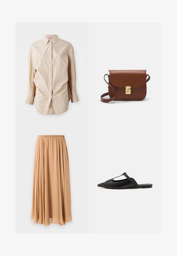 Beige long-sleeve button-up shirt with a checked pattern, features a collar, pocket on the left side, and white buttons.; Maxi skirt in light beige, made of flowy fabric. Features a gathered elastic waistband and soft pleats for movement.; Black leather slingback shoe with a pointed toe, featuring a woven accent and pleated upper design. Flat sole with minimal hardware.; Brown leather handbag with a flap closure, gold-tone hardware, a shoulder strap, and a smooth texture. Compact rectangular shape.