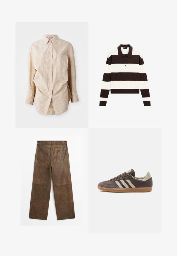 Beige Langarm-Hemd mit Knopfverschluss und Karomuster, mit einem Kragen, einer Tasche auf der linken Seite und weißen Knöpfen.; Langärmliges Polohemd mit abwechselnd dunkelschokoladenbraunen und weißen horizontalen Streifen, einem Kragen und einer geknöpften Leiste. Hergestellt aus weichem Stoff.; Braune Leder-Hosen mit weitem Bein, zwei Gesäßtaschen und sichtbaren Nähten, von hinten auf einem weißen Hintergrund gezeigt.; Braune Leder-Sneaker mit drei hellen Streifen, Gummisohle, abgerundetem Zehenbereich und strukturierten Wildlederelementen an Ferse und Zehen.