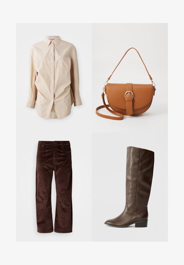 Beige long-sleeve button-up shirt with a checked pattern, features a collar, pocket on the left side, and white buttons.; Brown corduroy trousers with a straight cut, front pockets, and a button closure. The fabric has a soft textured appearance.; Brown leather knee-high boot with a smooth texture, pointed toe, and a low stacked heel. Features subtle stitching along the seams.; Brown leather crossbody bag with a curved shape, gold hardware, and a buckle accent. Features a detachable shoulder strap.