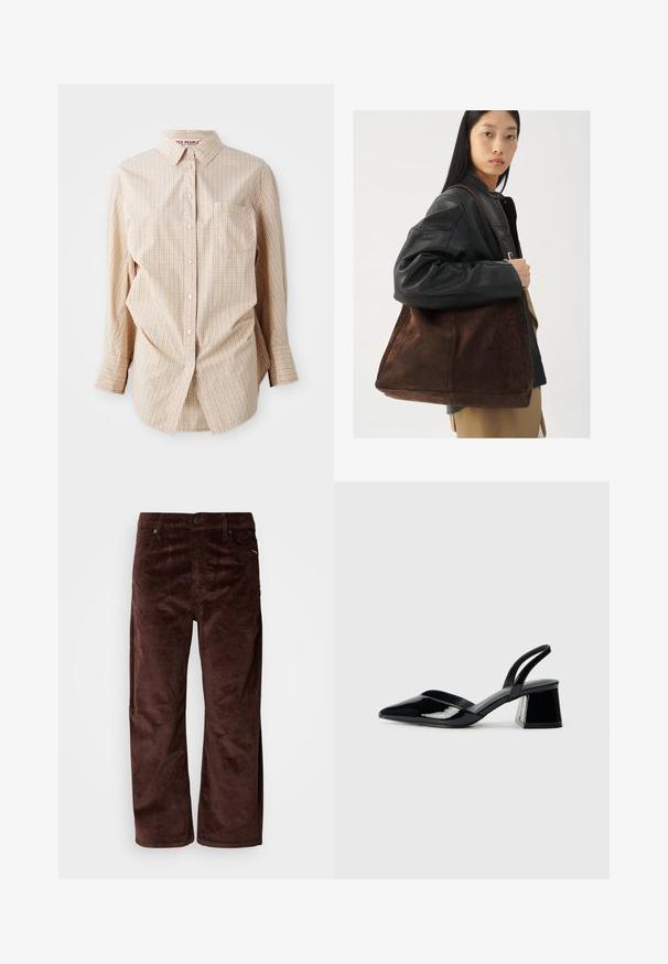 Bež pikka pikal varrukal nööbidena särgid kontrollitud mustriga, millel on krae, vasakul pool tasku ja valged nööbid.; Pruunid korduroist püksid otseküljega, ees taskud ja nööbist sulgumine. Kangas on pehme tekstuuriga.; Mustad musta lakknahk kingad, millel on terav varvas ja geomeetriline plokkkonts. Omab elegantselt minimalistlikku disaini ja sujuvat tekstuuri.; Pruun suede totes kott laia kujuga ja pehme tekstuuriga, millel on üks rihm ja minimaalne riistvara neutraalses taustas.