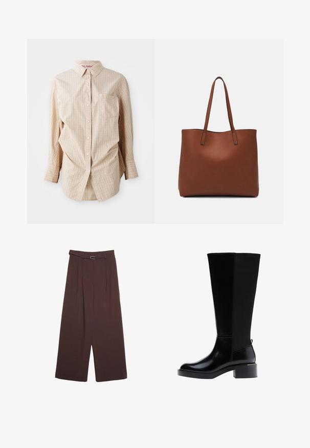 Beige langærmet skjorte med knapper og et ternet mønster, har krave, lomme på venstre side og hvide knapper.; Stradivarius WIDE-LEG WITH BUCKLE DETAIL - Bukser - dark brown; Sort knæhøj støvle med glat læderfinish, tydelig syning, en klodset hæl og en struktureret bagpanel for ekstra interesse.; Brun læder tote taske med en glat overflade, åben topdesign og to skulderremme. Har minimal syning og ingen synlig hardware.