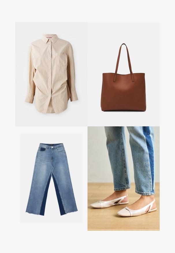 Beige košeľa s dlhým rukávom na gombíky s kockovaným vzorom, obsahuje golier, vrecko na ľavej strane a biele gombíky.; Svetlomodré široké džínsy so kontrastnými tmavomodrými panelmi, rozstrapkanými lemami a štandardným pásom so zapínaním na kovový gombík.; Svetloružové slingback baleríny s jemne špicatou špičkou, vyrobené z hladkého materiálu pripomínajúceho kožu. Majú výrezové detaily na stranách a plochý opätok.; Hnedá kožená taška na rameno s hladkou textúrou, otvoreným vrchom a dvoma ramenými popruhmi. Má minimálne šitia a žiadne viditeľné kovania.