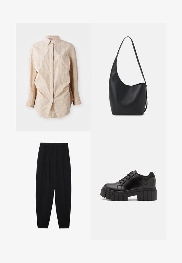 Vaaleanruskea pitkähihainen nappipaita, jossa on ruutukuosi. Paidassa on kaulus, vasemmalla puolella tasku ja valkoiset napit.; Mustat, kevyet housut, joissa on joustava vyötärö ja kerätyt nilkat. Kangas on sileä ja siinä on rento, kapeneva muotoilu.; Mustat nahkakengät, joissa on lättihenkinen korko, pyöreä kärki ja perinteinen nauhakiinnitys. Ominaisuuksiin kuuluu sileä pintakuvio ja minimaalinen yksityiskohtaisuus.; Musta nahkainen hobo-laukku, jossa on sileä pinta, kaareva muoto ja yksi säädettävä olkahihna; sisäänkäynti on leveä ylhäältä.