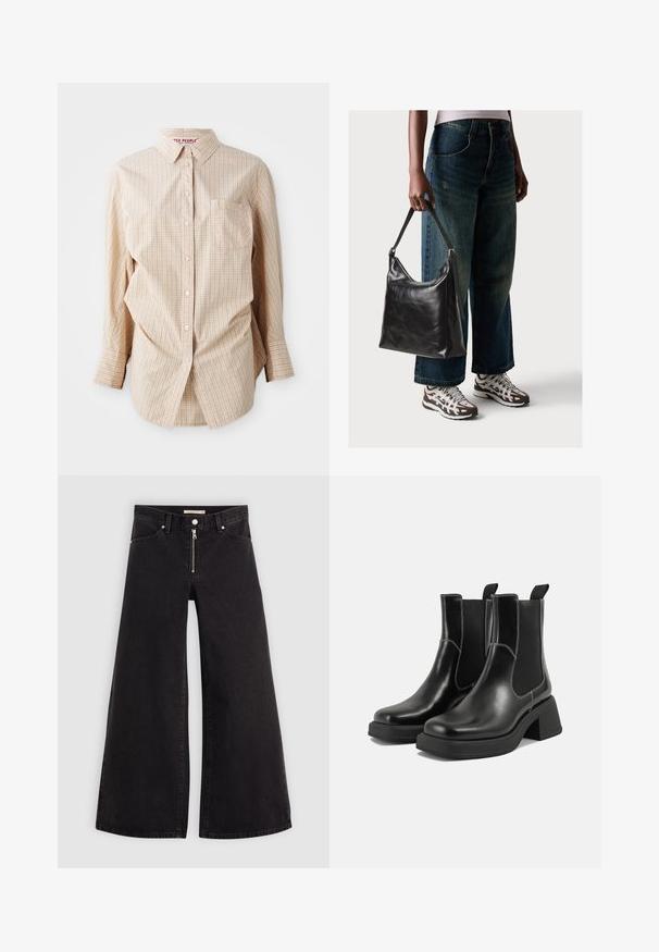 Šviesiai ruda ilga rankovė marškiniai su tikrinimu, turi apykaklę, kairėje pusėje yra kišenė ir balti mygtukai.; Plačios kojų džinsai iš juodo džinsinio audinio su užtrauktuku priekyje, penkių kišenių dizainu ir subtiliais siuvinėjimo akcentais. Lygus paviršius ir laisvalaikio stilius.; Juodos odinės Chelsea botai su storiu kulnu, elastinėmis šoninėmis panelėmis ir kontrastinga balta siūle. Tekstūruota apdaila.; Juodas odinis peties krepšys su lygiu paviršiumi ir reguliuojama dirželiu, derinamas su nublukusiais plačiapurčiais džinsais ir sportiniais batais.