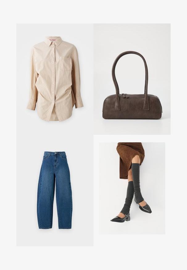 Beige hosszú ujjú gombos ing, kockás mintával, gallérral, bal oldalon zsebbel, és fehér gombokkal.; Közepes kék mosású farmernadrág, magas derékkal, széles lábszárral és hagyományos öt zsebes kialakítással, látható varrási részletekkel.; Fekete lakk bőrből készült, hegyes orrú cipők, tömbsarkúakkal és bokapánttal, szürke bordás lábszármelegítőkkel és barna velúr szoknyával párosítva.; Barna bőrtáska, két masszív fogantyúval, téglalap alakú, sima felülettel és cipzáras záródással. Minimalista dizájn, látható minták nélkül.