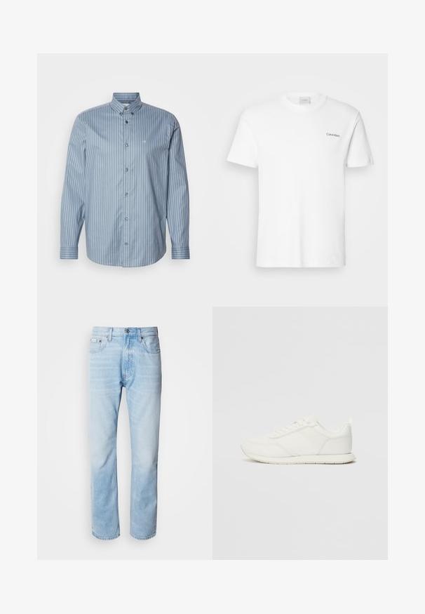 Camicia button-up azzurro chiaro con righe verticali bianche. Presenta un colletto, maniche lunghe e un piccolo logo sul petto. Tessuto con una texture liscia.; T-shirt bianca in cotone con maniche corte e scollo rotondo. Presenta un piccolo logo nero "Calvin Klein" sul lato sinistro del petto.; Jeans in denim blu chiaro con taglio dritto, caratterizzati da sezioni sbiadite, design a cinque tasche e iconico bottone di chiusura.; Sneaker bianco con tomaia in rete e materiale sintetico, punta tonda, lacciuoli piatti e una striscia laterale testurizzata. Suola in gomma con linguetta sul retro.