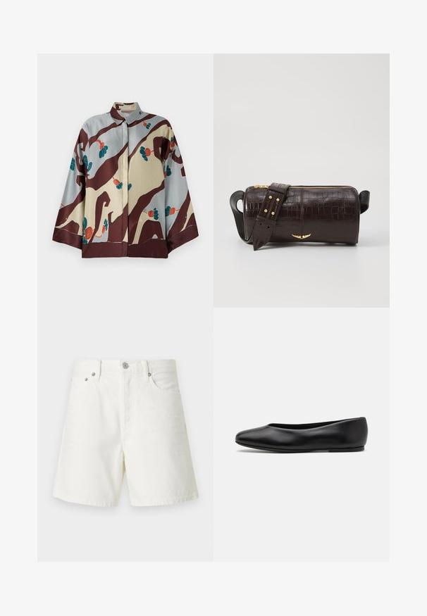 Camicia di seta con colletto, caratterizzata da una base crema e azzurro chiaro decorata con motivi astratti marroni e accenti floreali colorati.; Shorts di denim bianco con taglio dritto, design a cinque tasche, chiusura frontale con bottone, accessori in argento e dettagli cuciti.; Paul Smith TOPANGA - Ballerine - black; Borsa in pelle stampata a coccodrillo marrone con forma cilindrica, accessori in tonalità oro e una tracolla staccabile con borchie.