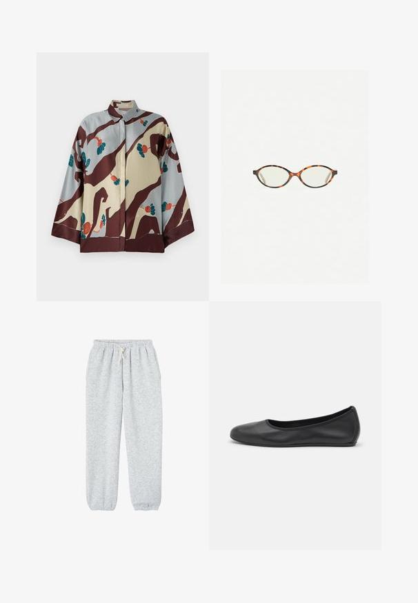 Hedvábná košile s límečkem, s krémovým a světle modrým základem zdobeným abstraktními hnědými vzory a barevnými květinovými akcenty.; Šedé tepláky vyrobené z měkké látky, s elastickým pasem na šňůrku a elastickými manžetami na kotnících.; Černé kožené baletní byty s kulatou špičkou, hladkou texturou, minimálními švy a flexibilním designem podrážky.; Želvovinové brýle s oválnými čočkami a hladkým, jemným povrchem. Má tenké bočnice s jemným zakřivením v chrámcích. Čiré čočky.