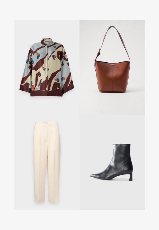 Silk shirt with a collar, featuring a cream and light blue base adorned with abstract brown patterns and colorful floral accents.; Beige tailored trousers with a straight fit, featuring pleats at the front, a smooth texture, and a mid-rise waist. No visible pockets.; Black leather ankle boot with a pointed toe and a sleek design. Features a low heel and a zipper closure at the back. Smooth texture.; Brown leather shoulder bag with a curved shape, smooth texture, and a single thin strap. Features a subtle seam and a small logo detail.