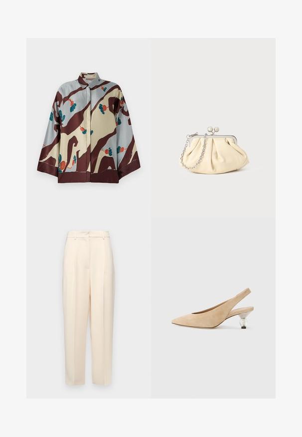 Selyem ing gallérral, krémszínű és világoskék alapszínen, absztrakt barna mintákkal és színes virágmintákkal díszítve.; Beige, egyenes szabású testre szabott nadrág, elöl plisszírozással, sima textúrával és közepes derékkal. Nincsenek látható zsebek.; Beige bőrből készült slingback cipő hegyes orral és átlátszó, kerek sarokkal. Simás textúra és minimalista forma.; Pleátolt bézs bőr válltáska ezüst fém kerettel, két kerek díszcsattal és ezüst lánc pánttal.