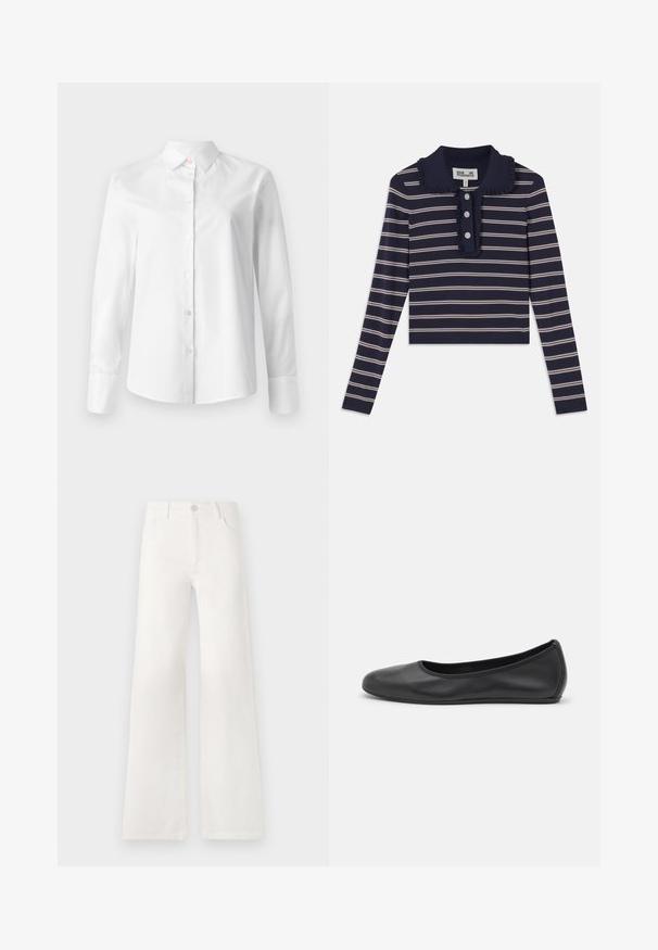 Valkoinen pitkähihaisuus nappipaita, joka on valmistettu sileästä puuvillakankaasta, sisältää klassisen kauluksen ja pienet napit edessä.; Laivastonsininen pitkähihaisempi paita, jossa on vaaleanpunaisia vaakaraitoja, röyhelökaulus ja etupuolella kolme napinläpeä; valmistettu pehmeästä ja joustavasta materiaalista.; Valkoiset, korkeavyötäröiset ja leveälahkeiset farkut, jotka on valmistettu denimkankaasta. Ominaisuuksiin kuuluu napp closure, kaksi etutaskua ja sivusaumojen ompeluyksityiskohdat.; Musta nahkainen ballerina, jossa on pyöristetty kärki, sileä pinta, minimaalinen ommelkoristelu ja joustava pohjamuotoilu.