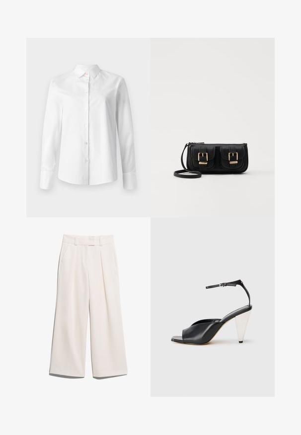Hvit langermet skjorte med knapper, laget av glatt bomullsvev, har krage av klassisk stil og små knapper foran.; Videbukser i en lys kremfarge, laget av glatt stoff med to frontlommer og synlig søm på livserien.; Svart lær høyhælte sandaler med åpen tå, asymmetrisk design, ankelstropp og en metallisk kjegleformet hæl. Glatt tekstur hele veien.; Svart skinn crossbody veske med to frontlommer, gyldne spenner, glidelåslukking og en slank stropp. Teksturert overflate og kompakt rektangulær form.