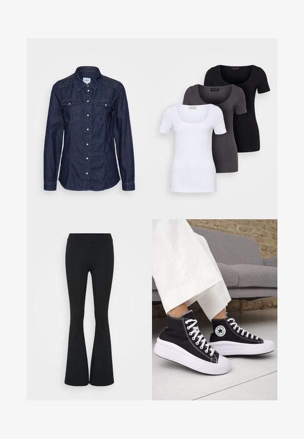 Camisa de ganga escura abotoada com colarinho pontudo, mangas longas, dois bolsos no peito e botões brancos. Apresenta um design ajustado e uma textura suave.; Três t-shirts ajustadas em branco, cinza e preto. Cada uma possui um decote amplo e mangas curtas. Feitas de um tecido liso e elástico.; Calças pretas de corte alargado feitas de tecido elástico, com uma cintura alta e uma textura suave. As calças alargam-se a partir do joelho.; Ténis pretos de cano alto com solas e atacadores em borracha branca. Apresentam um emblema redondo e costuras contrastantes em branco. Material em lona.