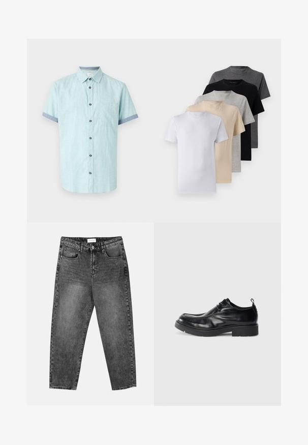 Korte mouwen, lichtblauw shirt gemaakt van een linnenmix, met een borstzak, donkere knopen en contrasterende blauwe manchetten.; Set van vijf T-shirts met korte mouwen in wit, beige, lichtgrijs, donkergrijs en zwart. Gemaakt van gladde katoen en voorzien van een ronde hals.; Zwart gewassen rechte jeans met voor- en achterzakken, riemlussen en een knoopsluiting in de taille.; Zwarte leren dresscode met ronde neus, vetersluiting aan de voorkant en een decoratieve naad. Beschikt over een dikke, gestructureerde rubberen zool en een hieltab.