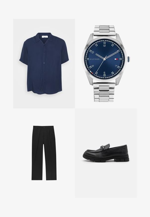 Marineblå kortærmet skjorte lavet af glat stof, med knaplukning foran, krave og en buet kant.; Sorte bukser med lige ben, lavet af et glat stof. Har frontfolder og en enkelt knaplukning i taljen.; Sort læderloafer med rund tå, en dekorativ rem og hardware, samt en chunky tekstureret sål. Glat finish med subtile detaljer.; Sølvmetal ur med en børstet blå urskive, hvide timemarkører og en datovisning. Har et sammenkædet metalarmbånd og brandlogo.