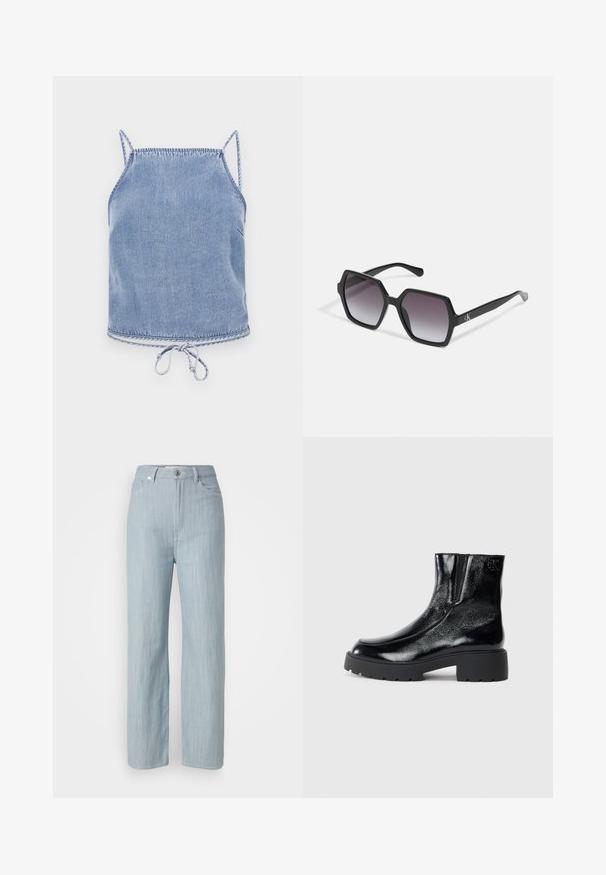 Light blue denim crop top with thin straps, a relaxed fit, and a drawstring hem. Features contrasting stitching along edges.; Light blue straight-leg jeans made of denim. Features five pockets, a metal button closure, and subtle whiskering for texture.; Black ankle boots with a glossy patent leather finish, chunky black rubber sole, and raised heel; includes subtle logo detail on the side.; Black hexagonal sunglasses with gradient lenses, featuring a glossy finish and subtle branding on the temple. Durable plastic construction.