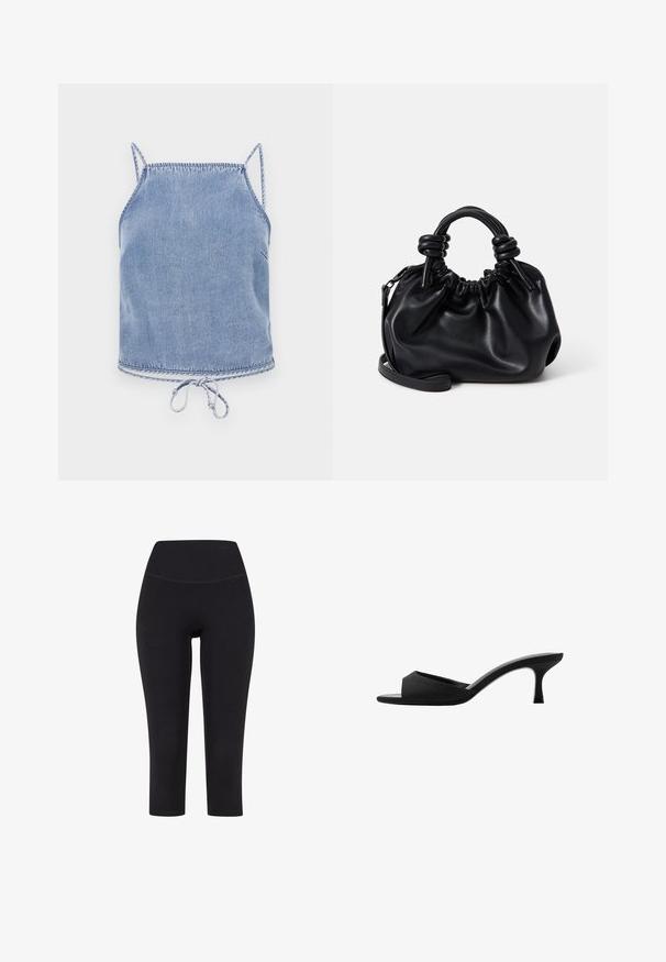 Svetlo modra traper jakna s kratkimi rokavi, sproščen kroj in drawstring rob. Značilna kontrastna šivanka ob robovih.; Črne legice do tri četrtine, izdelane iz elastičnega materiala, z visokim pasom in brez vidnih vzorcev ali dodatkov.; Črne natikače na peto z širokim, odprtim prstom in ukrivljenim zgornjim delom. Narejene iz teksturiranega materiala, imajo vitko peto in gladko podplat.; Črna usnjena torbica z nabranim dizajnom, kratkimi okroglimi ročaji in snemnim ramenskim trakom. Gladka tekstura z mehkimi oblikami.