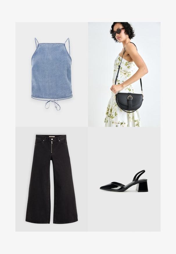 Šviesiai mėlyna džinsinė trumpa palaidinė su plonais petnešomis, laisvu pjūviu ir reguliuojamu apačios kraštu. Savyje turi kontrastingą siuvimo liniją palei kraštus.; Plačios kojų džinsai iš juodo džinsinio audinio su užtrauktuku priekyje, penkių kišenių dizainu ir subtiliais siuvinėjimo akcentais. Lygus paviršius ir laisvalaikio stilius.; Juodos lakuotos odinės šlepetės su smailiu pirštu ir geometriniu bloko kulnu. Turi elegantišką, minimalistinį dizainą ir lygų paviršių.; Juodas odinis krepšys su išlenkta forma, nuimamu dirželiu ir auksiniais detalėmis. Krepšys turi kilpą su sagtimi.