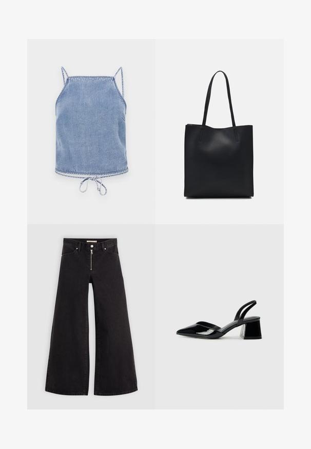 Top cropped de denim azul claro com alças finas, um ajuste solto e uma barra com cordão. Apresenta costura contrastante ao longo das bordas.; Calças de ganga de perna larga em denim preto com fecho éclair à frente, design de cinco bolsos e detalhes de costura subtil. Textura suave e estilo casual.; Sandy em verniz preto com salto slingback, ponta afilada e salto geométrico. Apresenta um design elegante e minimalista com textura suave.; Bolsa tote preta em couro com textura lisa, forma retangular e duas alças longas. Sem hardware ou enfeites visíveis.